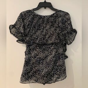 Badgley Mischka Blue and White Ruffle and Sequence Blouse